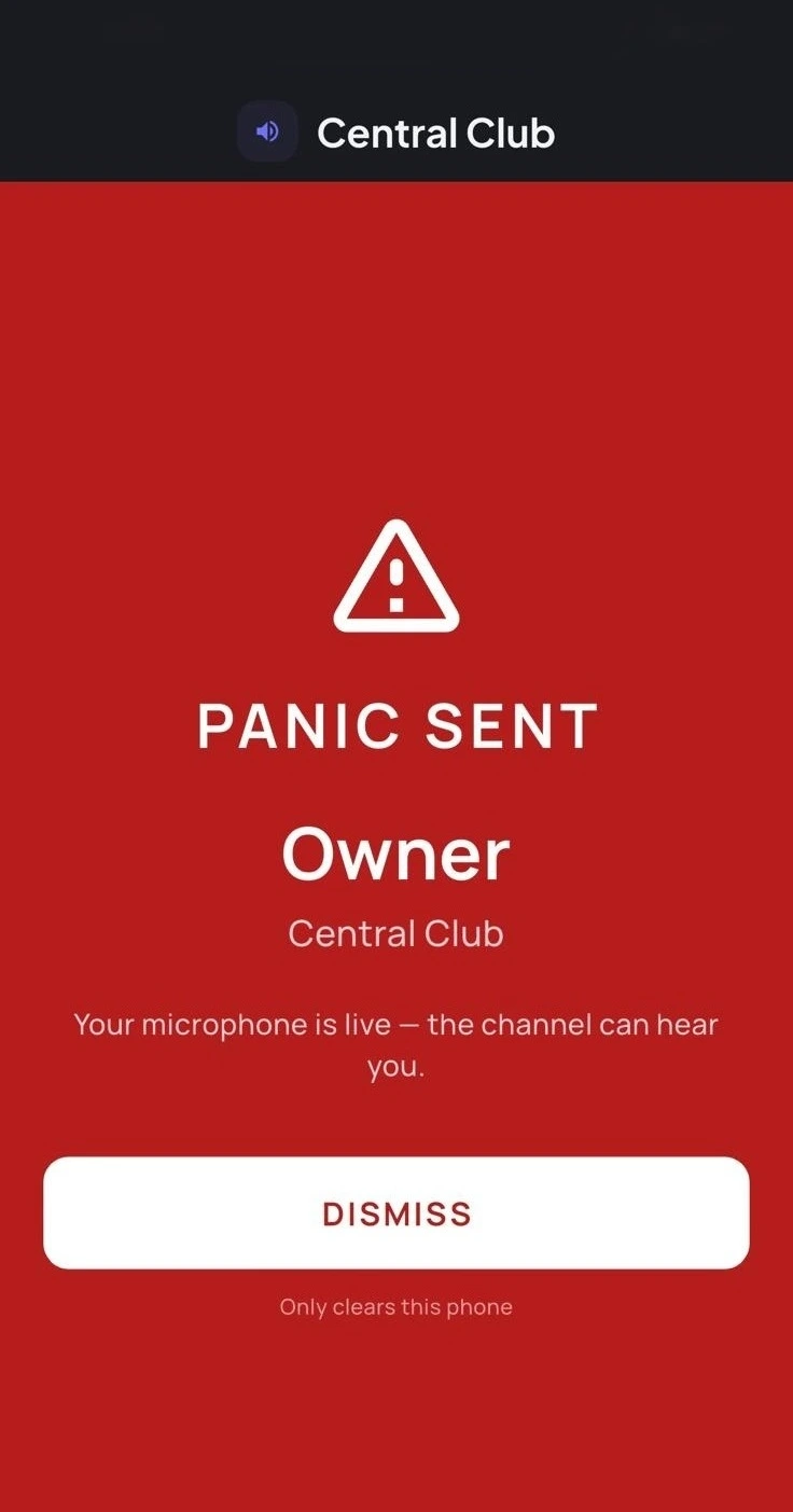 DraGuard panic screen: microphone live to the whole channel